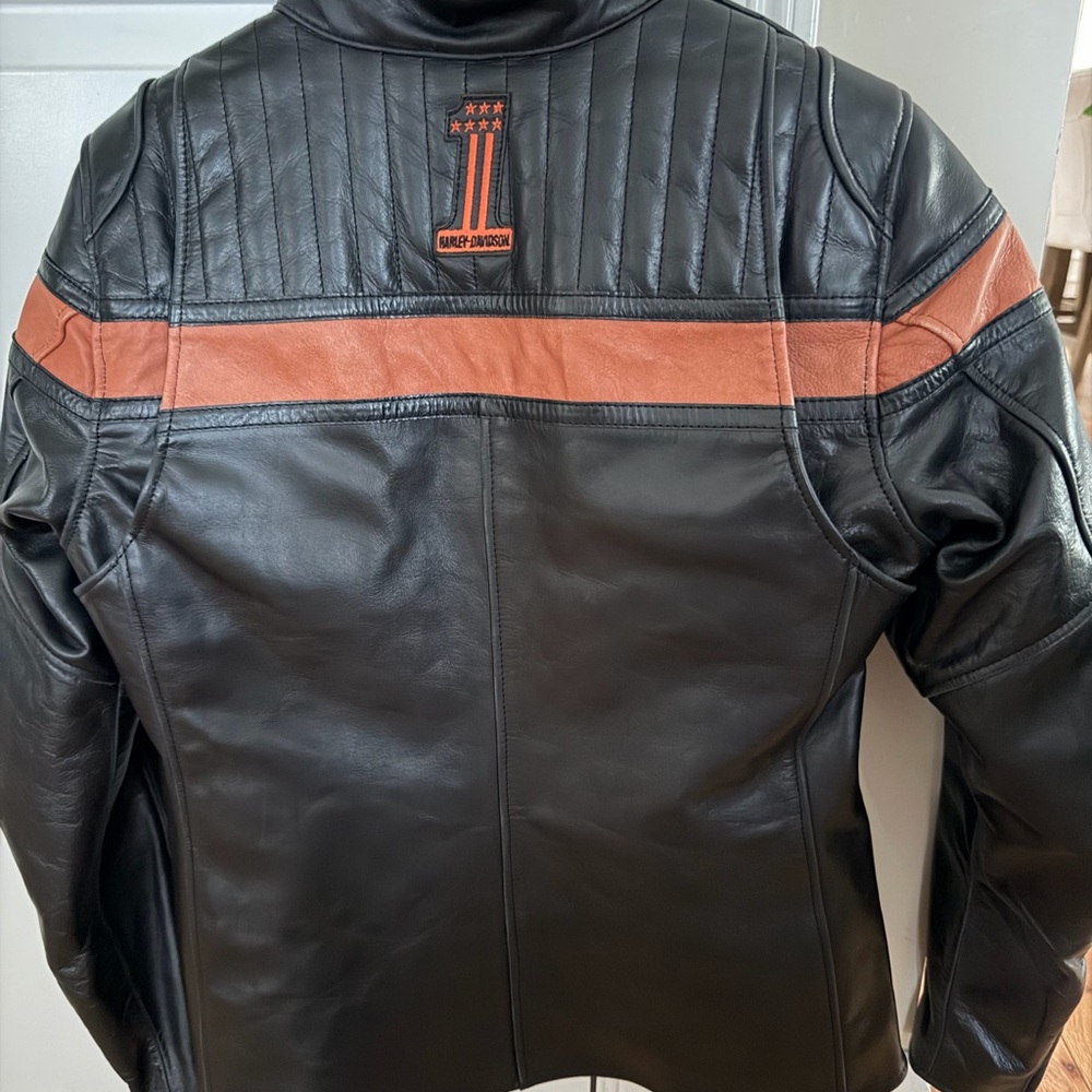 Harley-Davidson Black and Orange Leather Bomber Jacket - Picture 2 of 3